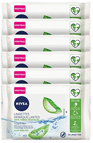 NIVEA - Lingettes Démaquillantes 3 En 1 - Visage, Yeux, Lèvres - Fraîcheur & Hydratation - Aloe Vera Bio, Pro-Vitamine B5, Hydramine - Fibres Végétales - Tous Types De Peaux - x 25
