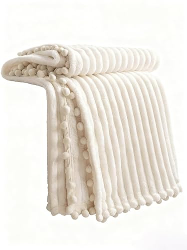 DISSA Coperta in pile dimensioni – 51 x 63 cm – beige – morbida, soffice, pelosa, calda, accogliente, perfetta per divano, letto, divano, con frange con pompon