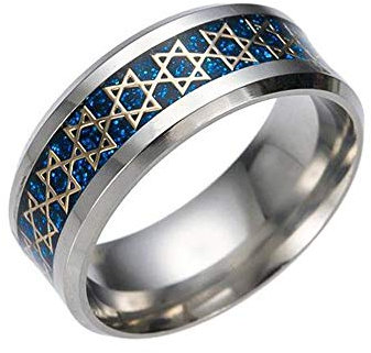 BlackAmazement Wofram Carbon Ring Davidstern Hexagramm Star of David 8mm Silber Gold blau schwarz Damne Herren (Blau, 60 (19.1))