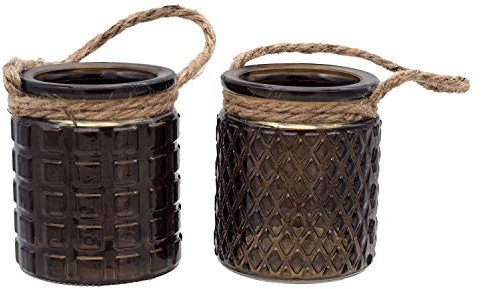 Windlicht Teelichthalter Braun Tischdeko Garten Quadrate Rauten Glas mit Kordel 2 Stück