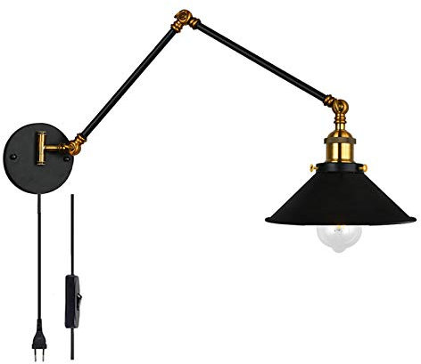 FREEDL LED Wandlampe Langer Arm Retro with Schalter, Ausziehbar Wandleuchte Schlafzimmer Industrial Mit Stecker Und Swing Arm, E27 Wandbeleuchtung Innen Metall Schwarzes Vintage, Bett Wandlicht,30+30