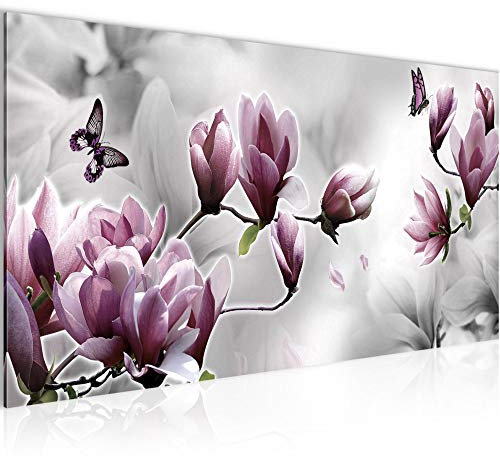 Runa Art Wandbild Blumen Magnolien 1 Teilig 100 x 40 cm Modern Bild auf Vlies Leinwand Schmetterling Wohnzimmer Grau Lila 036912b