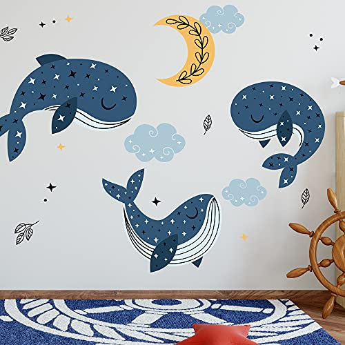 Sternen Wal Set Wandtattoo V264 | handgezeichnet | AUFKLEBER Kindergarten | Wandsticker Kinderzimmer Wale Stern Wolke Wolken Mond Himmlische (40 x 40 cm)