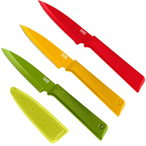 Kuhn Rikon Colori+ Prep 3 Pc Kitchen Knife Set (1x Paring Knife, 2x Serrated Kitchen Knife) Stainless Steel Blade Kitchen Knives Set. Sharp Knife Set – 3 Year Kuhn Rikon Kitchen Accessories Guarantee
