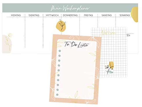 Papierdrachen Wochenplan - 3 Schreibblöcke für Notizen und To Do Liste - Tagesplaner Springflower - Ideal für Schule, Arbeit, Uni und Haushalt - 10,5 x 29,7 cm | DIN A6 | DIN A7 - Set 4