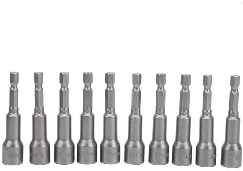 10pcs Jeu de Douilles Hexagonales, Accessoires pour tournevis Sets d'embouts pour tournevis Magnétiques Adaptateur de Douille en Acier au Chrome Vanadium 10mm