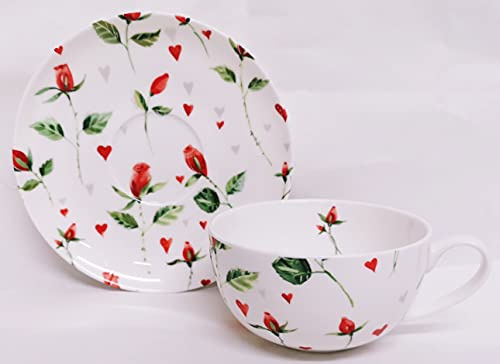 Hearts & Red Roses Breakfast Cup & Saucer Fine Bone China Cappuccino Coffee Set Hand Decorated in UK