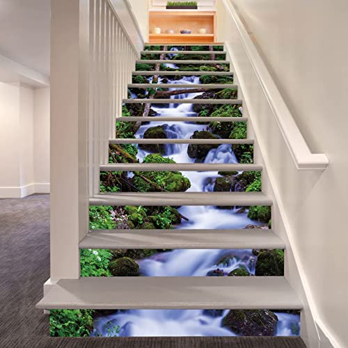 FLFK 13pcs 3D Grüner Wald Wasserfall Naturlandschaft selbstklebende Treppenaufkleber Schälen und kleben Treppenstufen Abziehbilder für Heim Schul dekoration 39,3x 7