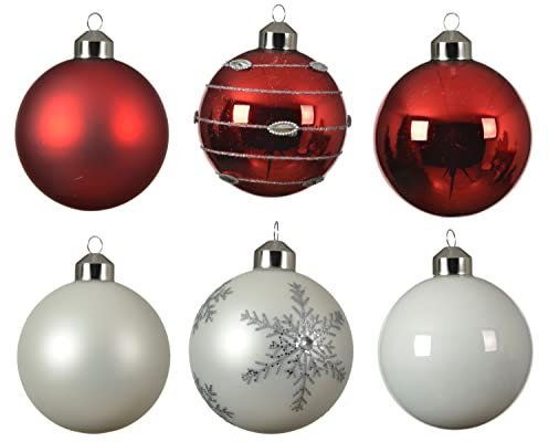 mgc24 Weihnachtskugeln weiß/rot, Weihnachtsdeko Christbaumkugeln Ø 8 cm aus Glas mit Aufhänger, 6 Stück