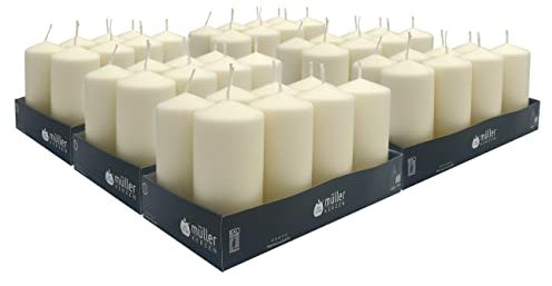 Müller Stumpenkerzen Creme, Elfenbein - Set mit 48 Blockkerzen - 57 x 120 mm - 32 Stunden Brenndauer - Ohne Duft - Kerzen für Haushalt, Feiern und Gastronomie