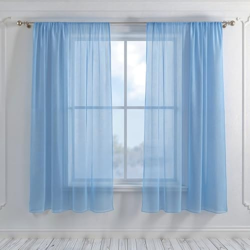 Trimming Shop Sky Blue Voile Curtains, 2 Panel Net Curtain, 142 x 137cm | Semi-Transparent Sheer Slot Top Curtain Pair for Bedroom, Kitchen & Living Room, Patio, Hotel