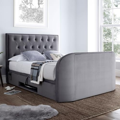 Geneva TV Bed Frame with Ottoman Storage & 2.1 Bluetooth Speaker System (Grey Velvet, Double)