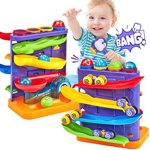 hahaland Jouet Bebe 1 an - Circuit Voiture Enfant Jouet Enfant 1 2 Ans avec Marteau et Balle, Jouets Éveil Montessori pour Garçon Fille 1 2 3 Ans Parfait pour Les Cadeaux d'anniversaire Noël