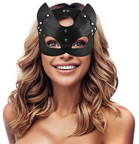 Hukermoon Katze Maske Damen Halloween Sexy Katzenmaske PU Leder Katzenohren Maske, Maskerade Halbgesicht Maske Katze Venezianische Masken Catwoman Maske für Maskenball Karneval Cosplay Kostüm Party