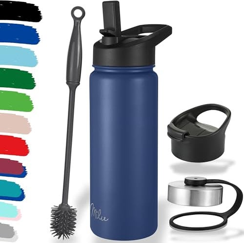 Milu Edelstahl Trinkflasche 500ml, 750ml, 1000ml (+3 Deckel) - Thermosflasche mit Strohhalm, Isolierte Wasserflasche, Auslaufsichere Isolierflasche doppelwandig, Kohlensäure geeignet (Navyblau, 500ml)