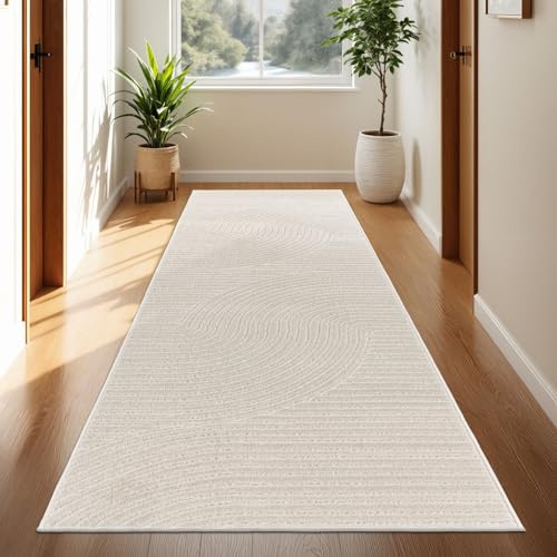 TT Home Outdoor Teppich Läufer 60x100 cm Creme, Wetterfest & Robust, Modernes Boho Skandi Design mit 3D-Optik, für Flur, Küche & Terrasse