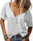 Tankaneo Damen Mode tief V-Ausschnitt Kurze Ärmel Tops Solide Lässig Lose Basic T Shirt Weiß XXL