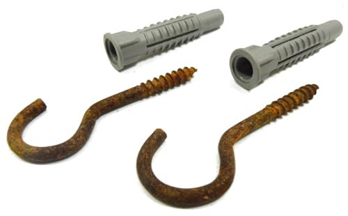 vitaliano rostige Haken, 4mm stark, 70mm lang, Antik, Retro, Vintage-Stil, Metall Rost Deko - robuste & rustikale Deckenhaken, Schraubhaken ideal für vitaliano rostige Eisenkette - 2er Set inkl. Dübel