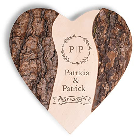 Herz Holzscheibe mit Rinde und Wunschgravur - Naturholzscheibe Erle - mit Baumrinde - Wand-Dekoration, Hochzeitsdeko - Hochzeitsgeschenk Brautpaar - Hochzeit und Verlobung - Paar Geschenk
