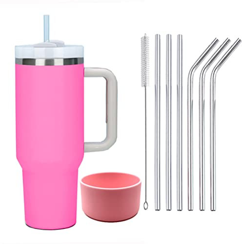 Moollyfox 1200 ml Doppelwandiger Edelstahl Vakuum Isolierbecher mit Griff Upgrade Kaffeetasse Becher 40 oz Reisebecher Autobecher Thermobecher mit Strohhalm aus Edelstahl und Silikonabdeckung Rosa