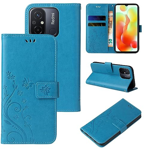 LBH Handy Hülle für Xiaomi Redmi 12C Case Handytasche Schmetterling Blumen Flower Standfunktion Schutzhülle Magnet Rundum Schutz 360 Grad Flipcase Cover Blau