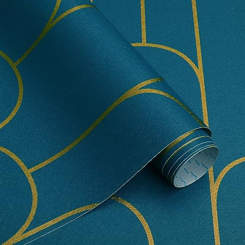 CiCiwind Papier Peint Autocollant Papier Peint Géométrique Doré et Turquoise 44CM×6M Revêtement mural Autocollant épais pour Meubles Imperméable Pour mur Armoires Meubles Film