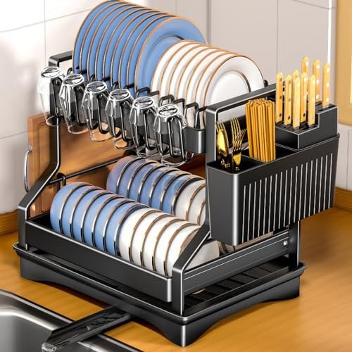 MULEVIP Escurridor de Platos,Escurreplatos Acero Inoxidable,Escurridor Platos,Escurridor de Platos para Fregadero,Escurreplatos Cocina con Cesta de Cubiertos,Armarios para el Drenaje Rápido - Negro