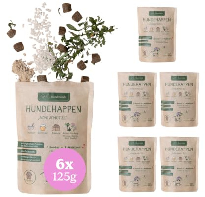 Hunderunde – Hundehappen Schlafmütze 6×125g – vegane Hundeleckerli mit Hanf, Baldrian & Kamille – reich an B-Vitaminen – glutenfrei & beruhigend – ideal für Sensible Hunde – entspannende Hundesnacks