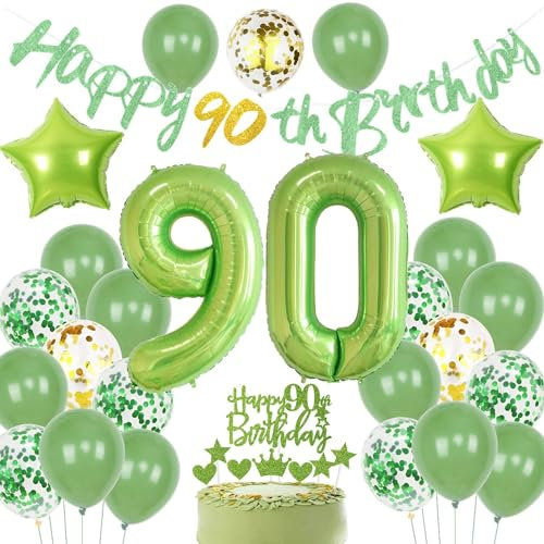 Grün 90. Geburtstag Deko Set - Luftballons und Party Dekoration für Mann und Frau