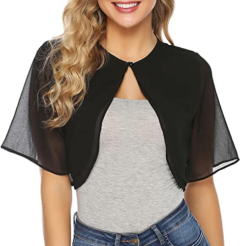 Irevial Coprispalle Donna Elegante Bolero Chiffon Maniche a 3/4 Cardigan Corto Estivo in Pizzo Leggero Shrug con Bottone Nero S