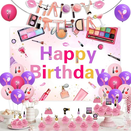 Make Up Geburtstag Dekorationen für Mädchen, Make-up Thema Geburtstag Hintergrund, Kosmetik Cupcake Topper, Make Up Geburtstag Banner, Lippenstift Kosmetikpinsel Spiegel Ballons für Make Up Kosmetik