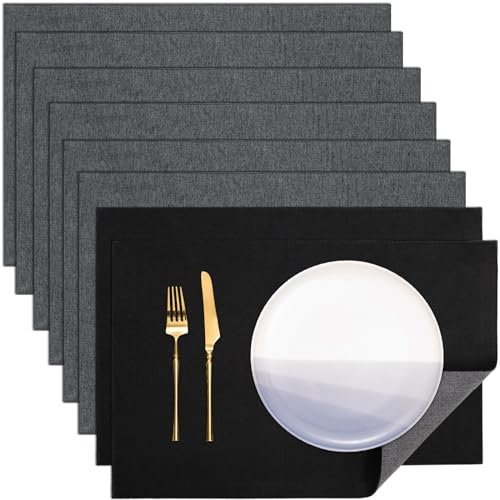 Banchif Platzsets Leinenimitat Tischsets Abwaschbar Tischsets Doppelseitigen Platzsets Stoff Platzdecken maschinenwaschbar 30 x 45 cm (Grau-Schwarz, Rechteckig Satz von 8)