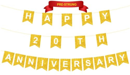 Banner Happy 20th Anniversary, vorgestanzt, goldfarbener Glitzer, Dekoration und Dekoration, Happy 20 Year Wedding Anniversary Party Banner Hintergrund, 20 Feiern, Party, Hängeschild,