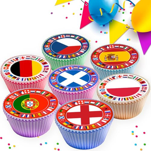 24 x EUROPE FOOTBALL FLAGS PARTY EDIBLE ICING 4.5 cms CUPCAKE TOPPERS DECORATIONS