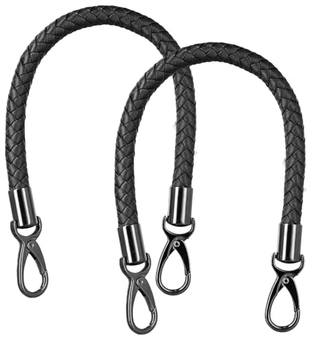 2 Stück Leder Handtasche Griffe, 40cm Handtasche Riemen Ersatzgriff, Geflochtene Handtasche Griffe mit Metall Karabinerhaken, Taschen Ersatzgriffe PU für Taschenherstellung/Korb/Taschen (Schwarz)