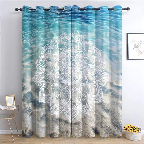 Vorhang Blau Blickdicht Gardinen Nordsee Mandala Muster Bedruckt Vorhang, H214 x B183 cm Vorhang mit Ösen Landhaus Deko Verdunkelung Vorhang für Schlafzimmer Wohnzimmer