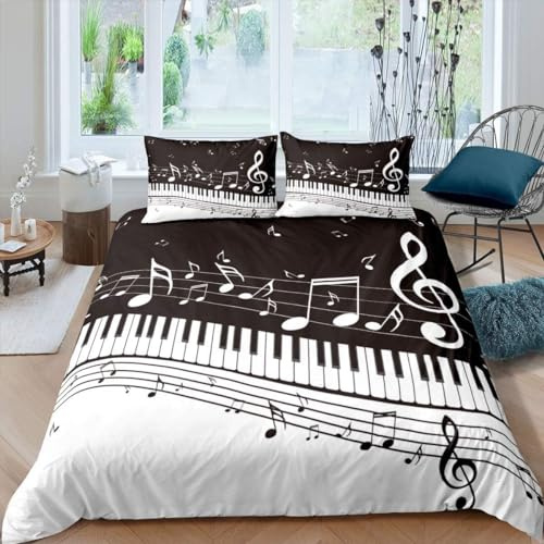 Homemissing Musique Notes mélodiques Housse de Couette 220x240cm Piano Touches Clavier Parure de Lit Musique Classique Jazz Blues Ensemble de literie Luxe Rayures Enfants Literie Set Blanc Noir