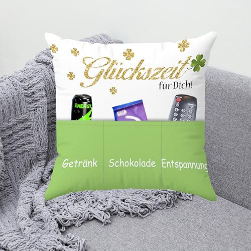 KAMACA Glückszeit Dekokissen mit Füllung Originelles Kissen mit Spruch Kuschelkissen 43x43 cm Geschenkidee Frauen Mamas Freundinnen für viele Anlässe Geburtstag Muttertag Weihnachten (Glückszeit A)