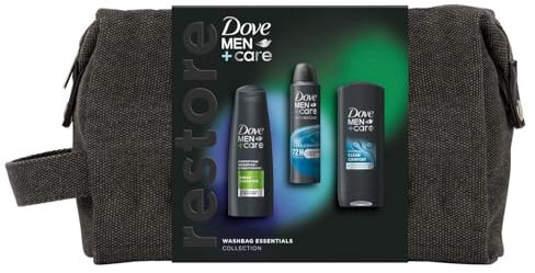 Dove Men+Care Restore Essentials Collection with Body Wash 250ml, 2-in-1 Shampoo & Conditioner 250ml and Anti-Perspirant 150ml 3 Pieces Gift Set for Him with Washbag