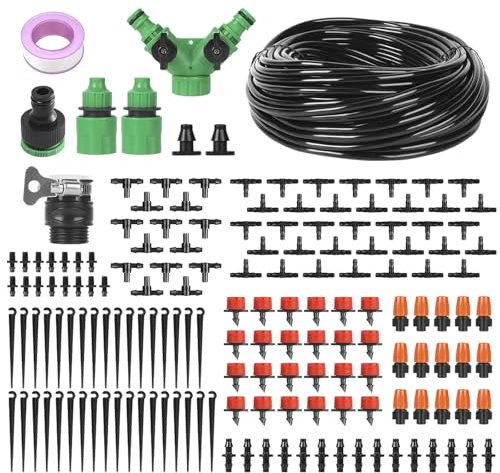 Qudubuy 40m/131ft Automatic Irrigation System Kit 159 Pieces DIY Greenhouse Plant Self Watering Devices with Adjustable Misting Nozzles for Lawn, Patio, Landscape, Flower Bed