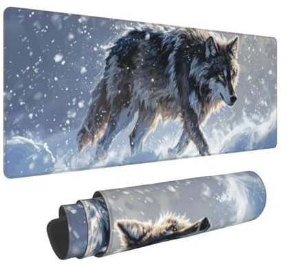 Gaming Mouse Pad 35.4x11.8x0.12 inch XXL Large Gaming Mouse Mat with Stitched Edges, Grey Wolf Mouse Pad, with Non-Slip Base Extended Mouse Pads, Keyboard Desk Pad with Water Resist Surface N-697