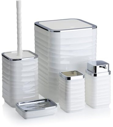HowHomely Badezimmer Set mit Klobürste Seifenspender Zahnputzbecher Seifenablage und Mülleimer | Silber-Weiß Badezimmer Zubehör Set | Modern Badaccessoires Set (Wave)