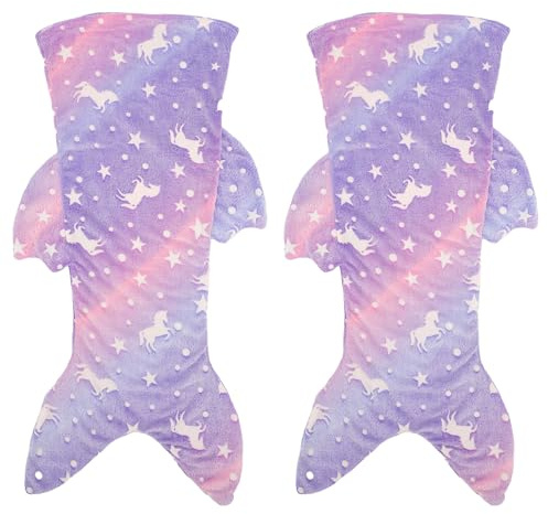 Gatphy Meerjungfrauen Decke Luminöse Meerjungfrau Decke Flanell Mädchen Meerjungfrau Spielzeug Farbenfrohe Kuscheldecke Softsofa Decke Meerjungfrau Schlafsack (2pcs Lila)