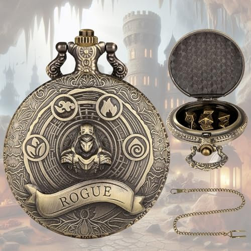 ORUZA Mini DND Würfel Set, 7 Stück Polyedrische D&D Würfel mit Rogue Thema Metall Taschenuhrgehäuse Dungeons and Dragons RPG MTG Rollenspiele Tischspiele Würfel