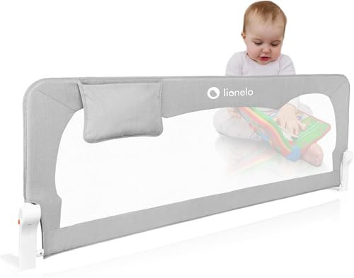 lionelo Bed Rail Guard HANNA 150L x 66H cm Extra-Tall Universal Safety Bed Barrier for Toddlers, Foldable 180° with tilt adjustment, Mesh Fabric, SecureBelt Straps, Safe Lock, Pocket, Easy to Install