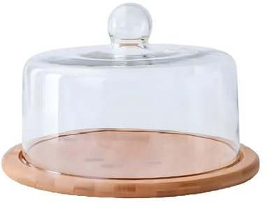 DYUEE Cake Stand with Right Angle Top Cover, 12 in Wood Cake Plate with Clear Glass cover, Cake Display Rack for Birthday, Wedding, Party, Café
