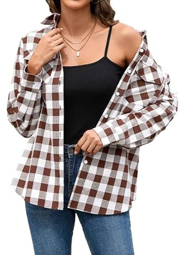 Stamain Chemise a Carreaux Marron Femme Chemise à Boutons à Manches Longue Country Top à Enrouler Décontracté Bureau Classique Fête avec Poches M