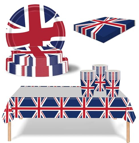 Union Jack Party Tableware Set,69Pcs VJ Day Flag Plastic Table Cloth,Paper Plates Napkins Cups UK Flag Great Britain Dinnerware for VJ Day 80th Anniversary Table Decorations,Union Jack Party Supplies