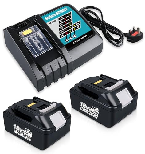 DASNITE 2Packs BL1860B 5.5Ah 18V Battery Li-ion Replacement for Makita 18V Battery + DC18RC 14.4V-18V 3.0Ah Charger Compatible with Makita BL1860B BL1850 BL1860 BL1820 with LED Indicator
