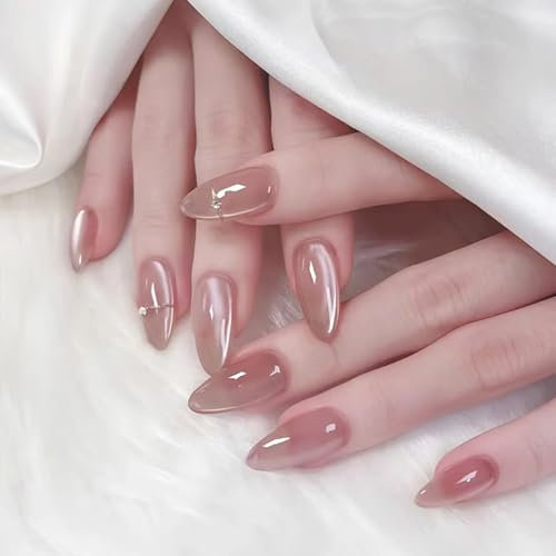 Cat Eye Nude False Nails - 30PCS Jelly Pink Press on Nails Almond - Glossy Glitter Oval Fake Nails with Glue - Acrylic Full Cover CatEye Nails Glue on nails for Women Girls